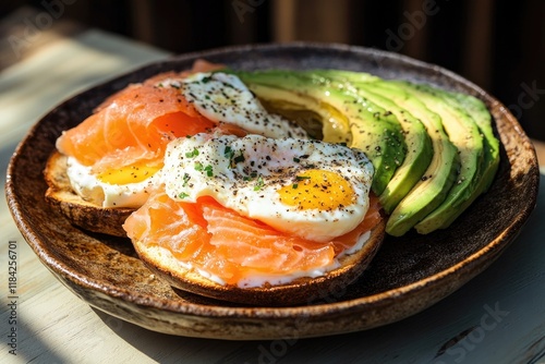 Delicious breakfast plate featuring vibrant avocado, smoked salm photo