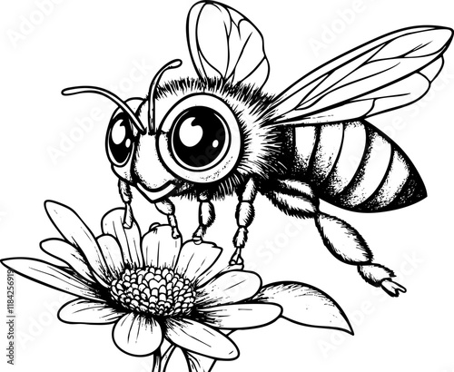 Cute cartoon bee flying near a flower in black and white illustration.