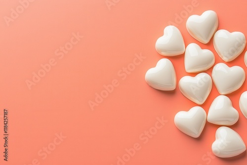 Minimalist heart shape on gradient background concept. Sweet white heart-shaped cookies on a coral background