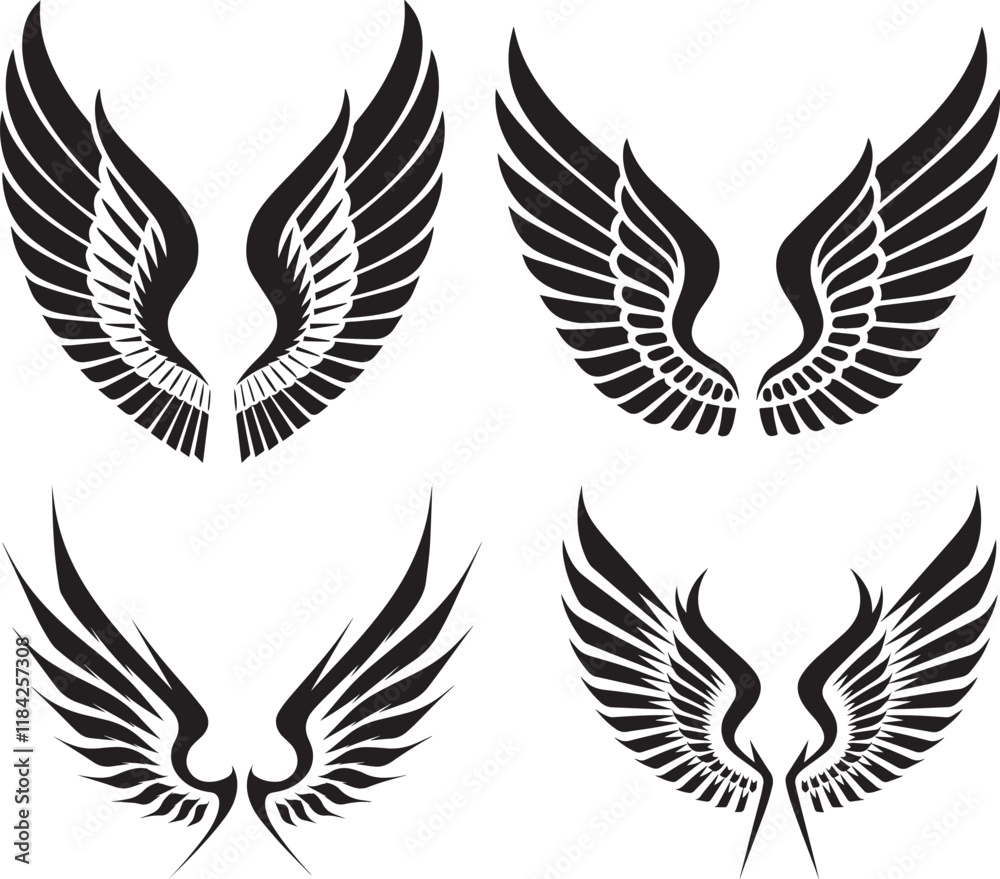 Obraz premium Set of 4 Wing silhouette line or clip black and white vector art illustration