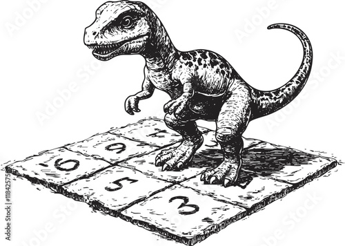 Cartoon dinosaur playing hopscotch in black and white illustration.