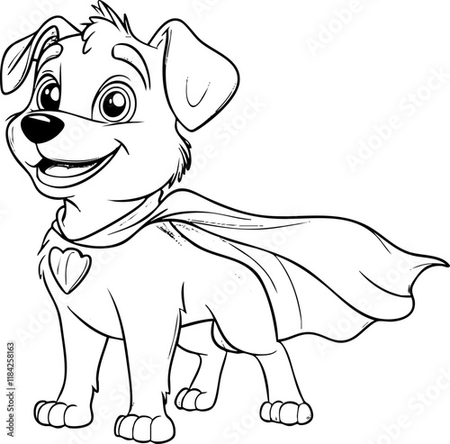 Outline drawing of a cartoon superhero dog with a cape.