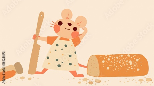 Rat watercolor concept. Mischievous Rat Nibbling on Loaf of Bread in Kitchen Surrounding photo