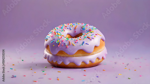 A frosted donut with rainbow sprinkles, placed on a pastel lavender background. The glaze shines under bright studio lights, ultra-detailed textures