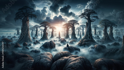 a mystical and fantastical landscape. It features a large number of tall, slender trees with a gnarled, twisted appearance, and they are scattered throughout the scene photo