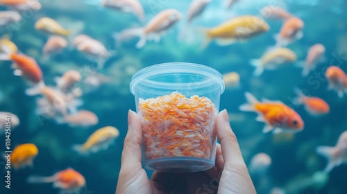 Hand Holding Container of Fish Flakes Above Vibrant Aquarium with Tropical Fish photo