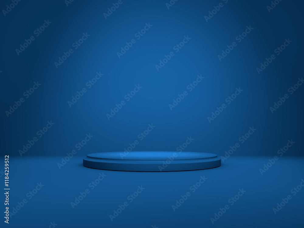 Podium or pedestal on background with round stand concept. Stage with spotlight. Blank product shelf. Blue color. 3D rendering. Podium or pedestal on background with round stand concept. Stage with spotlight. Blank product shelf. Blue color. 3D rendering.