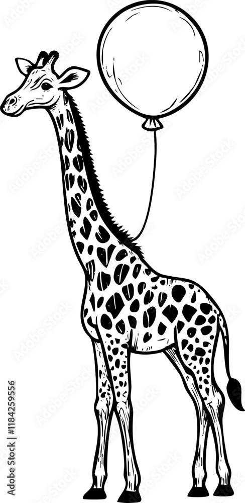 Naklejka premium Whimsical giraffe holding a balloon in black and white illustration.