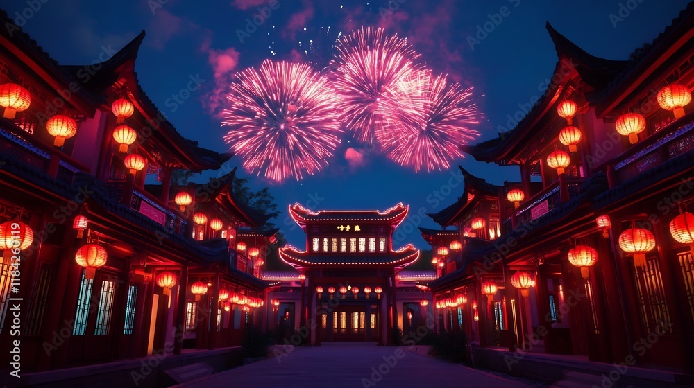 Spectacular Fireworks Display Over Traditional Chinese Courtyard Architecture at Night Spectacular Fireworks Display Over Traditional Chinese Courtyard Architecture at Night