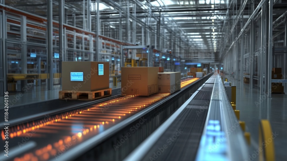 Automated package sorting action warehouse location industrial process content modern environment wide viewpoint efficiency concept Automated package sorting action warehouse location industrial process content modern environment wide viewpoint efficiency concept