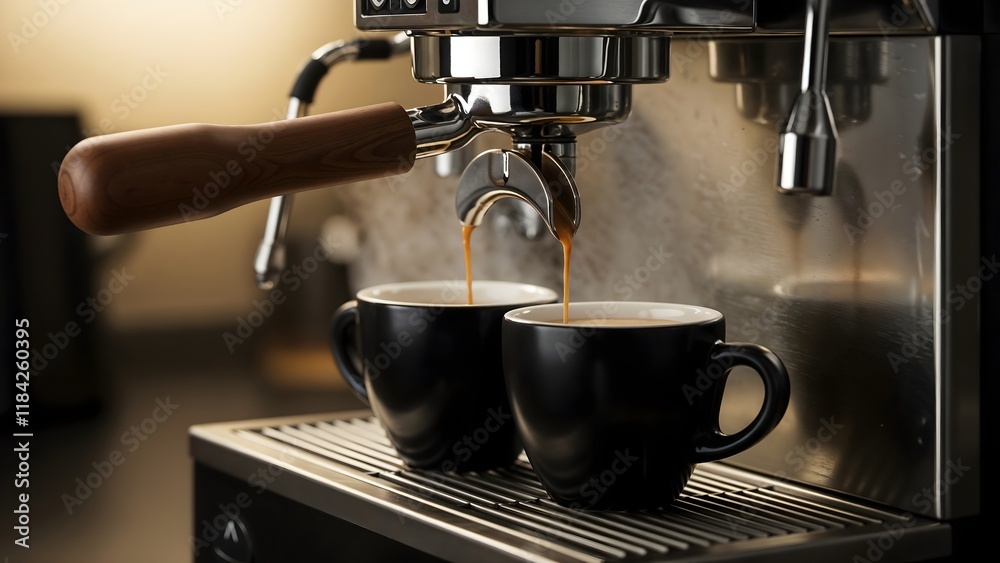 Close-up of espresso pouring into black ceramic cups with steam rising from a professional coffee machine, showcasing the art of brewing coffee in a sleek and stylish setting Close-up of espresso pouring into black ceramic cups with steam rising from a professional coffee machine, showcasing the art of brewing coffee in a sleek and stylish setting