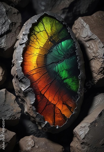 High definition image of ammolite fossil in a dark environment , natural gemstone, ammolite, crystal formation photo