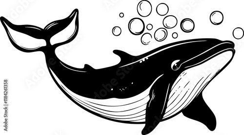 Black and white whale illustration with bubbles in a cartoon style.