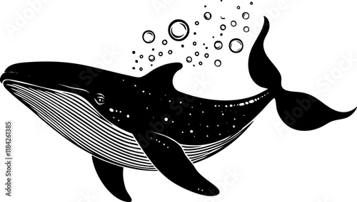 Black and white illustration of a whale with bubbles.