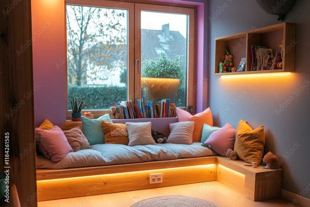 Obraz premium Cozy reading nook with colorful cushions, warm lighting, and win