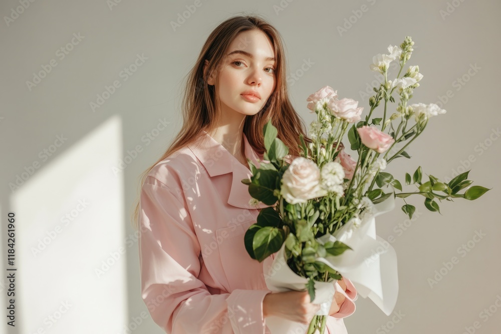 Elegant woman holding bouquet of delicate flowers in soft lighti Elegant woman holding bouquet of delicate flowers in soft lighti