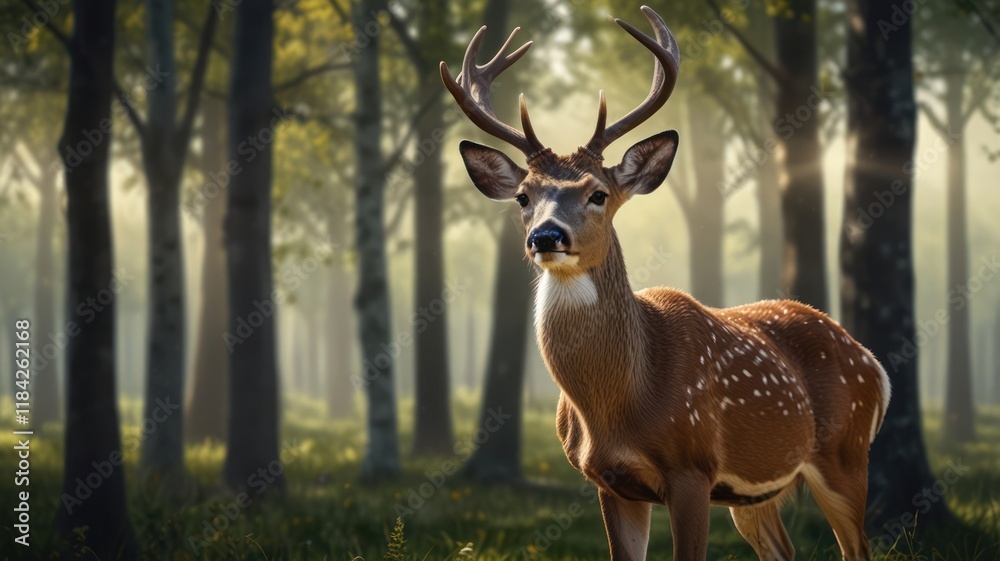 Majestic white-tailed deer buck in misty forest. Majestic white-tailed deer buck in misty forest.
