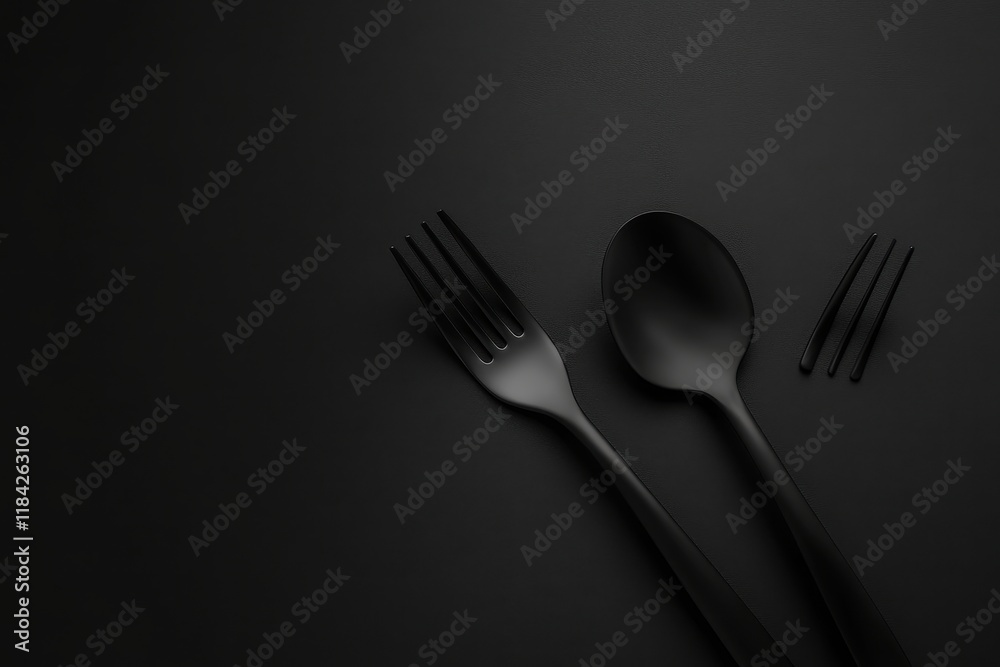 Elegant Black Cutlery Set on Dark Background Elegant Black Cutlery Set on Dark Background