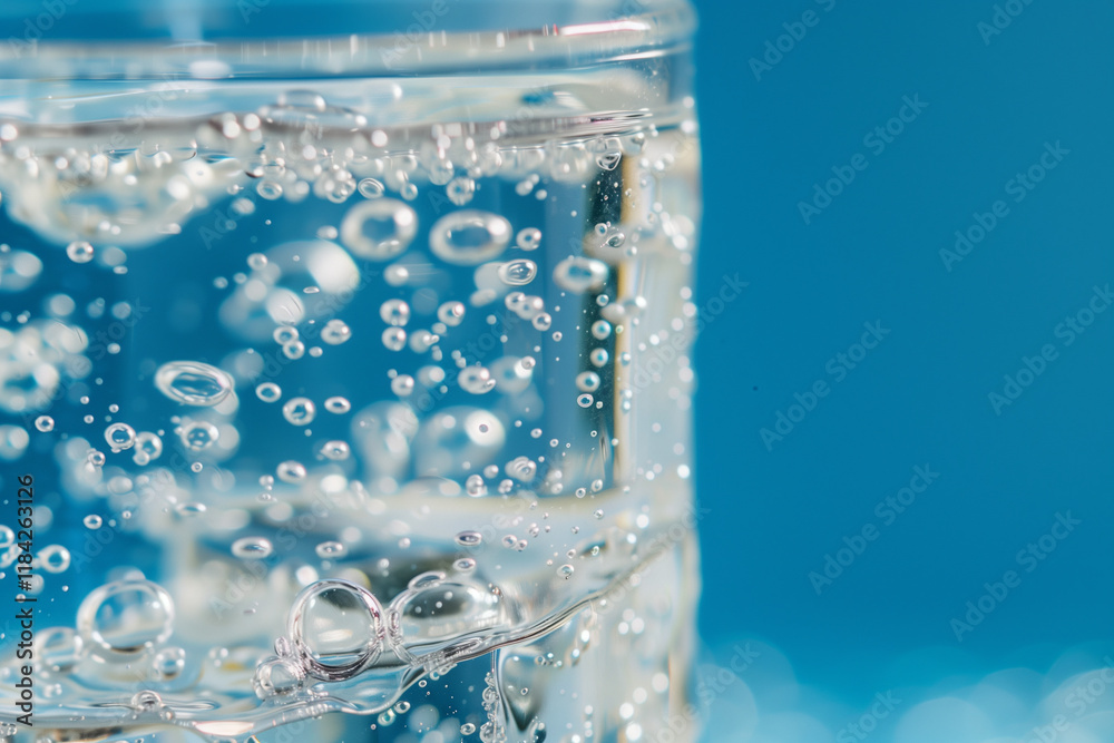 An ice cube halfway submerged in a glass of sparkling water, with tiny bubbles clinging to its surface. An ice cube halfway submerged in a glass of sparkling water, with tiny bubbles clinging to its surface.