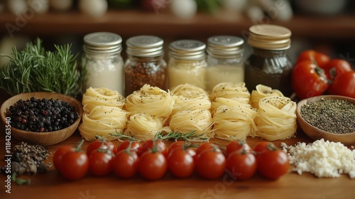 Delicious pasta nests with cherry tomatoes, herbs, and spices. photo