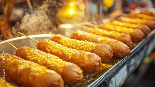 Golden fried corn dogs sizzle on grill, creating mouthwatering a photo