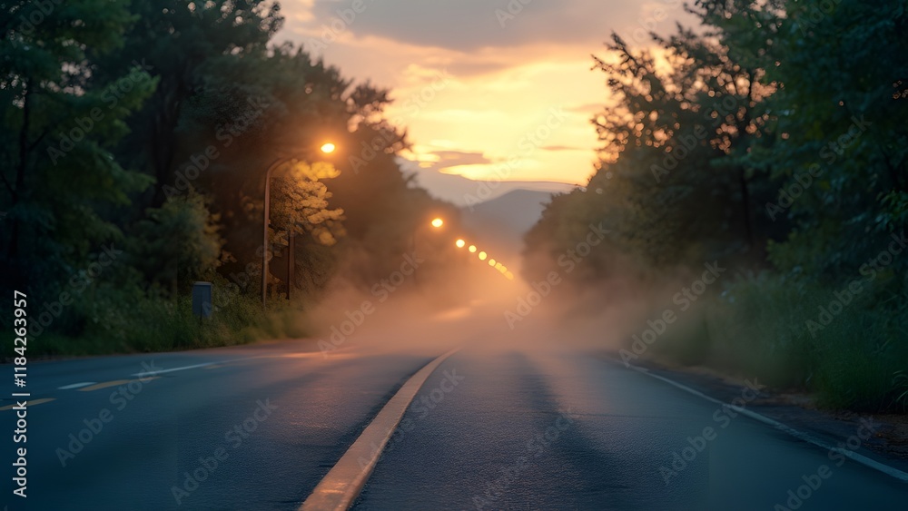 Naklejka premium Serene Sunset Road, Misty Asphalt Path with Softly Blurred Streetlights and Lush Green Foliage at Dusk