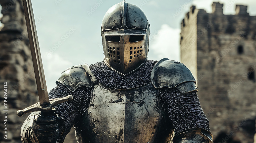 A knight in full armor stands on a mountain peak, watching the sunrise. The light slowly fills the valley below, casting long shadows across the rocky terrain. A knight in full armor stands on a mountain peak, watching the sunrise. The light slowly fills the valley below, casting long shadows across the rocky terrain.