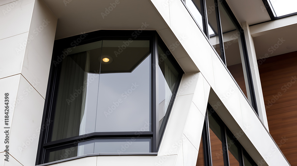 Close-up view of a modern building's exterior, featuring a large angular window with black framing set into off-white, paneled walls. Adjacent windows and a section of wood siding are visible. Close-up view of a modern building's exterior, featuring a large angular window with black framing set into off-white, paneled walls. Adjacent windows and a section of wood siding are visible.