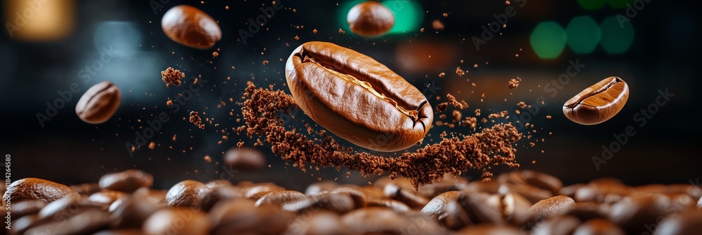 flying coffee beans in various states of motion against a blurred background. earthy brown tones flying coffee beans in various states of motion against a blurred background. earthy brown tones