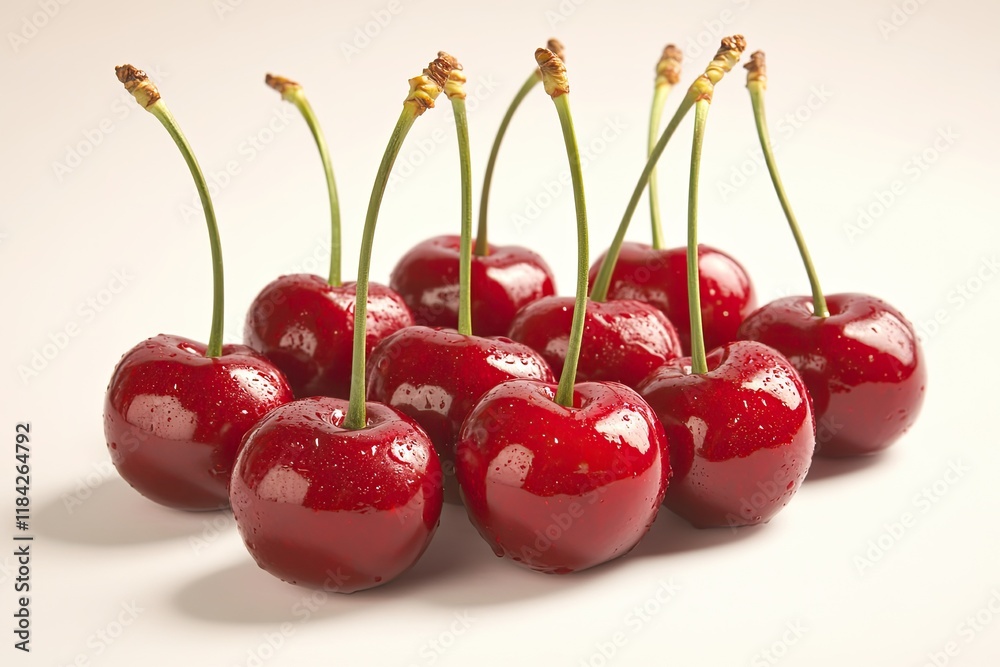 Bright red cherries arranged neatly, showcasing glossy surfaces Bright red cherries arranged neatly, showcasing glossy surfaces