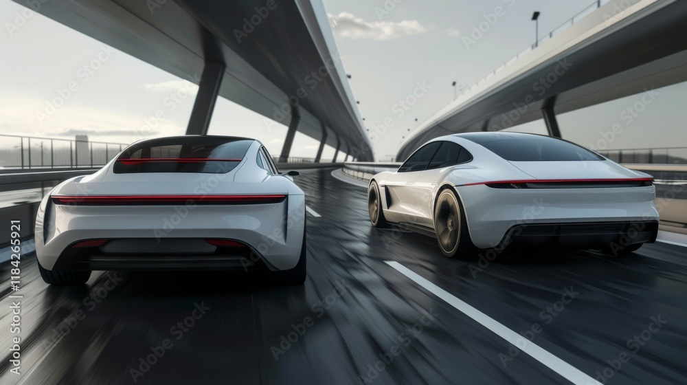 Sleek Modern Cars Merging Seamlessly on Futuristic Highway. Symbolizing Technological Integration and Innovation. Sleek Modern Cars Merging Seamlessly on Futuristic Highway. Symbolizing Technological Integration and Innovation.