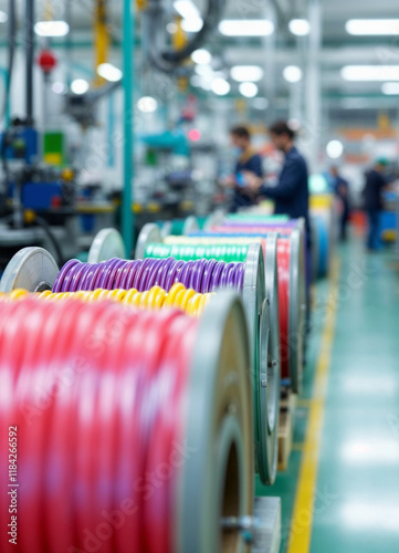 Wallpaper Mural Cable rolls in a bright factory with blurred production activity in the background. Torontodigital.ca