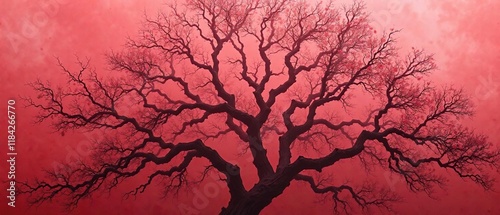 Twisted, gnarled tree branches amidst a red fog, twisted limbs, primeval landscape , overgrown vegetation photo