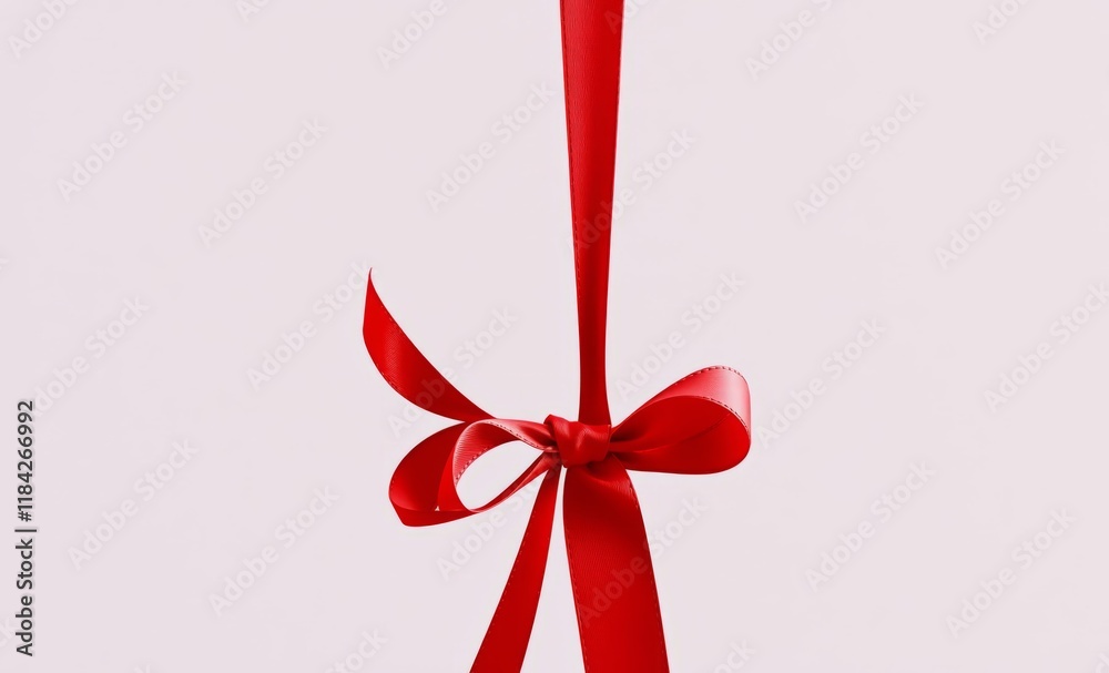 Red satin ribbon, Gift bow, Delicate knot, Vertical hanging, White background, Festive decoration, Minimalist design, Closeup detail, Soft texture, Holiday accent, Elegant simplicity, Crimson silk, Gr Red satin ribbon, Gift bow, Delicate knot, Vertical hanging, White background, Festive decoration, Minimalist design, Closeup detail, Soft texture, Holiday accent, Elegant simplicity, Crimson silk, Gr