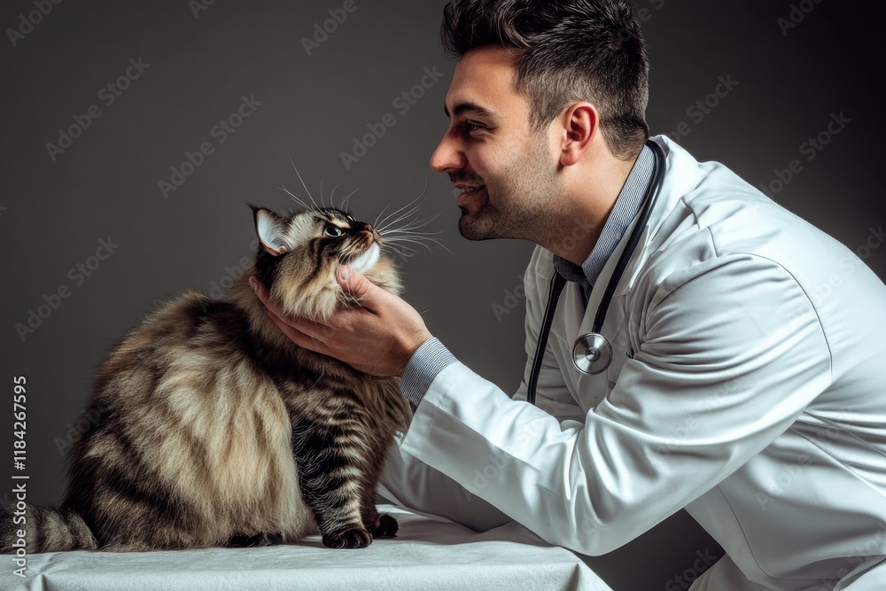 Obraz premium Gentle interaction between veterinarian and friendly cat creates