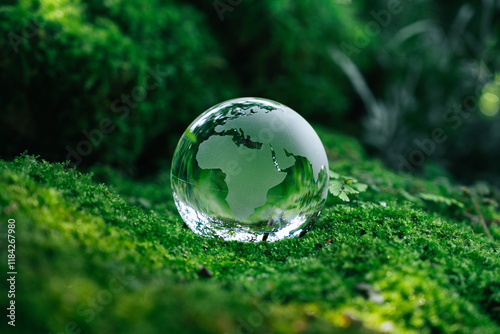 Fototapeta Naklejka Na Ścianę i Meble -  Crystal globe glass on green moss in forest to protect nature Save and care World for sustainable. concept of the environment ecology and Earth Day. eco environment and ESG concept.