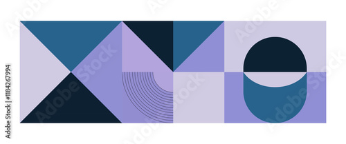 Abstract composition consisting of circles and semicircles in purple and blue shades. The design is built on symmetry and contrasts, creating a modern visual style.