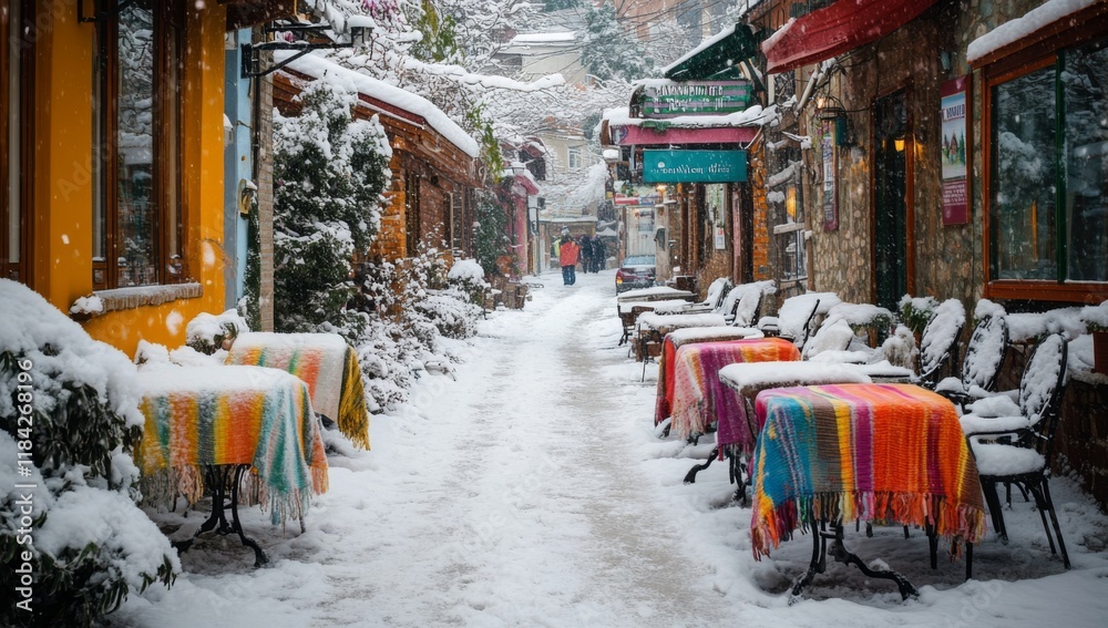 Fototapeta premium Snowy Street with Outdoor Cafe Tables Covered in Colorful Blankets