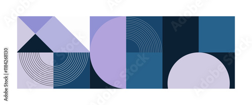 Abstract composition consisting of circles and semicircles in purple and blue shades. The design is built on symmetry and contrasts, creating a modern visual style.