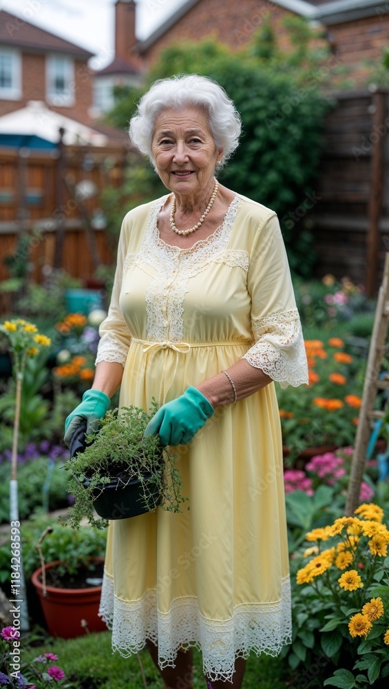 A grandmother in a soft yellow dress with white lacegardening in a colorful backyard A grandmother in a soft yellow dress with white lacegardening in a colorful backyard