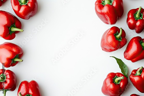 Fresh red peppers arranged in circular pattern on white backgrou photo