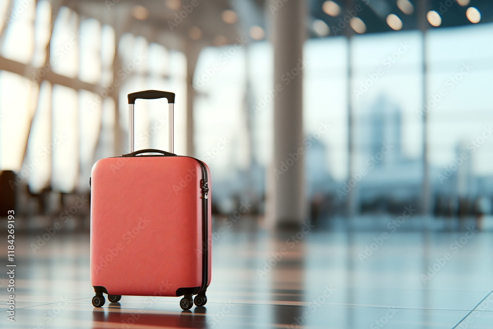 vibrant red suitcase stands alone in airport terminal, showcasing its sleek design and sturdy wheels. modern architecture and soft lighting create welcoming travel atmosphere vibrant red suitcase stands alone in airport terminal, showcasing its sleek design and sturdy wheels. modern architecture and soft lighting create welcoming travel atmosphere