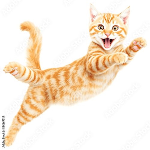 Playful orange tabby cat mid-jump with open mouth, fluffy tail, and outstretched paws, isolated on a transparent background