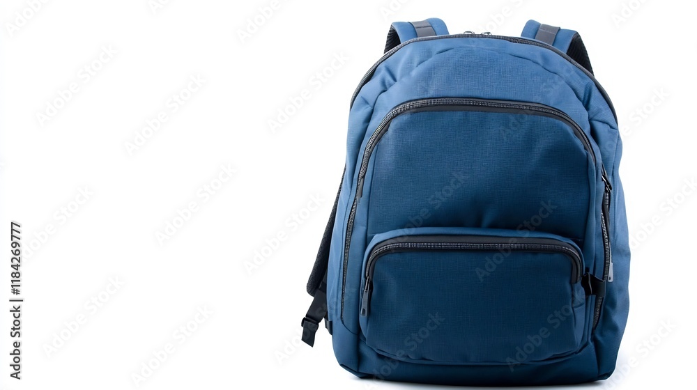 Naklejka premium Blue Backpack with Multiple Compartments Isolated on White Background