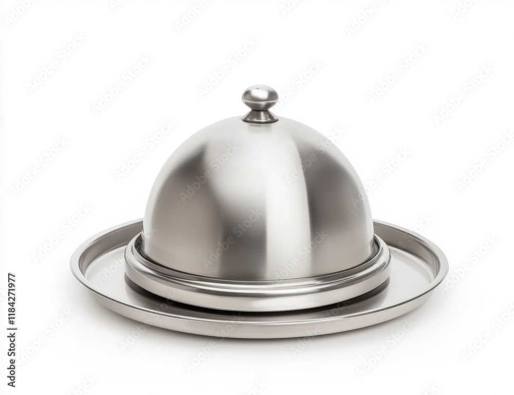Stainless Steel Cloche with Lid on Open Tray. Isolated on White Background. Stainless Steel Cloche with Lid on Open Tray. Isolated on White Background.