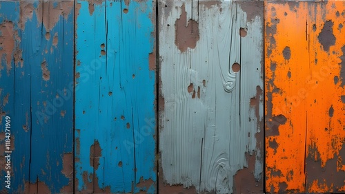 Vibrant Blue, Orange & Gray Textured Wooden Panel Painting - Rustic Aged Wood Art photo