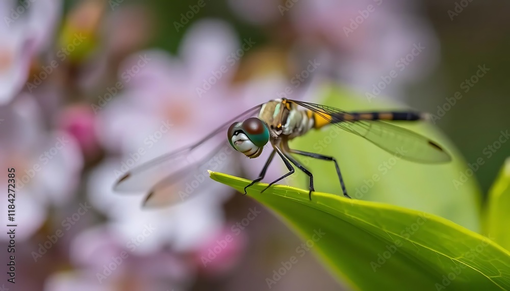 Naklejka premium Dragonfly on Leaf: A Serene Macro Photography Study