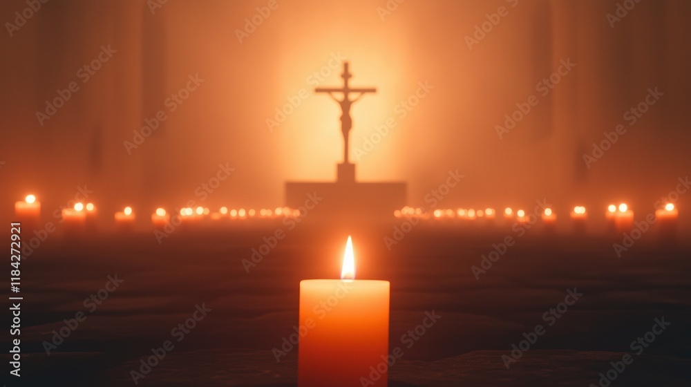 Naklejka premium Warm Candlelight in Church with Crucifix on Altar in Background, Spiritual Ambience and Contemplative Atmosphere for Religious Gatherings or Events During Peaceful Evenings or Festivals