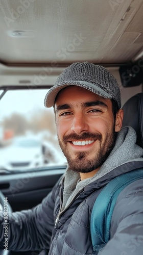 Happy truck driver entering in vehicle cabin and looking at camera. Generative AI