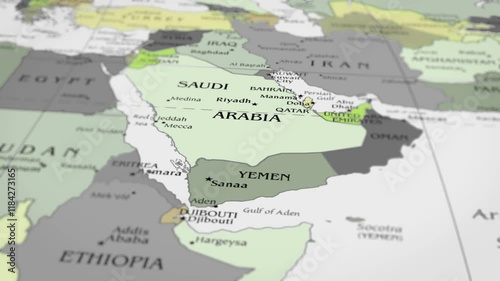 The camera rotating around yemen on the world map takes the focus.  4K Map Animation.